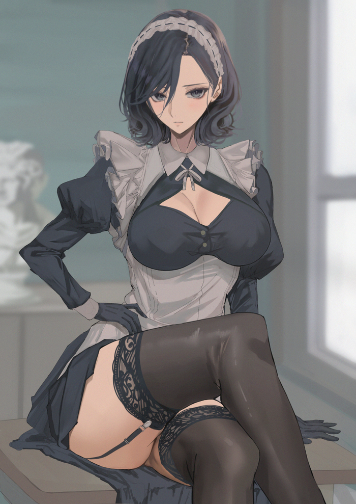 Hornichnaya) - NSFW, Anime art, Anime, Girls, Art, Hand-drawn erotica, Stockings, Housemaid