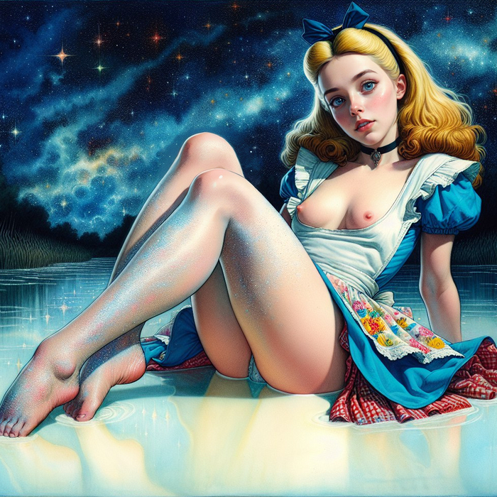 Alice - Erotic, Stable diffusion, Boobs, Choker, Alice in Wonderland, Milk Rivers, Нейронные сети, Underwear, NSFW, My, Neural network art, Art