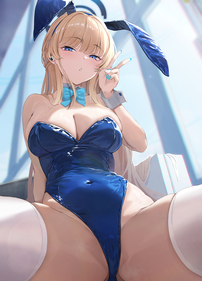 Pyon! - NSFW, Anime, Anime art, Blue archive, Asuma Toki, Bunnysuit, Bunny ears, Stockings, Cameltoe