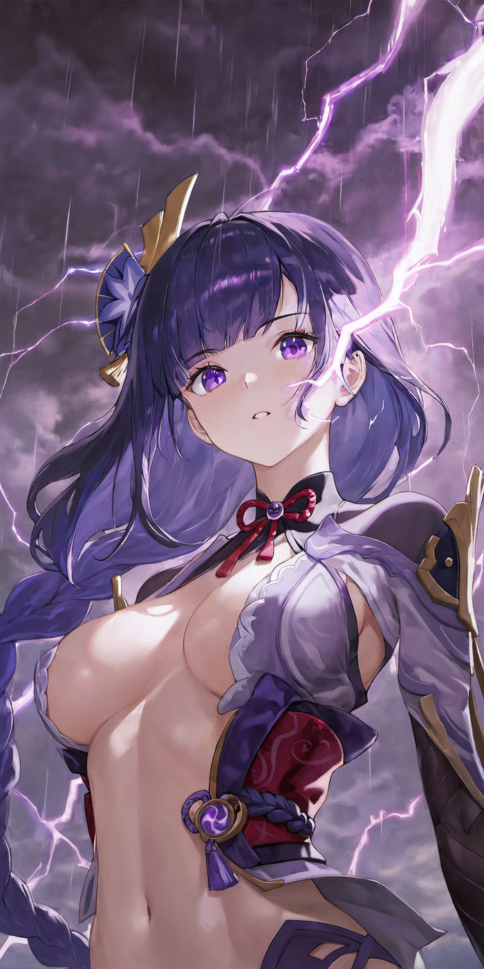 Goddess - NSFW, Stomach, Navel, Neural network art, Boobs, Anime art, Anime, Pixiv, Genshin impact, Raiden Shogun (Genshin Impact)