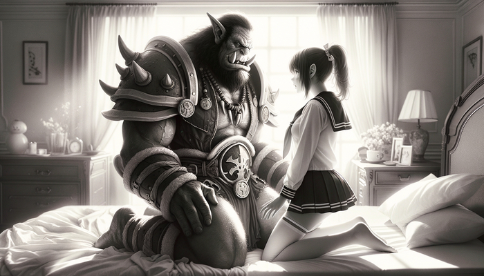 Love is evil - you will love an orc too - NSFW, My, Neural network art, Anime art, Anime, Orcs, Girls, School uniform
