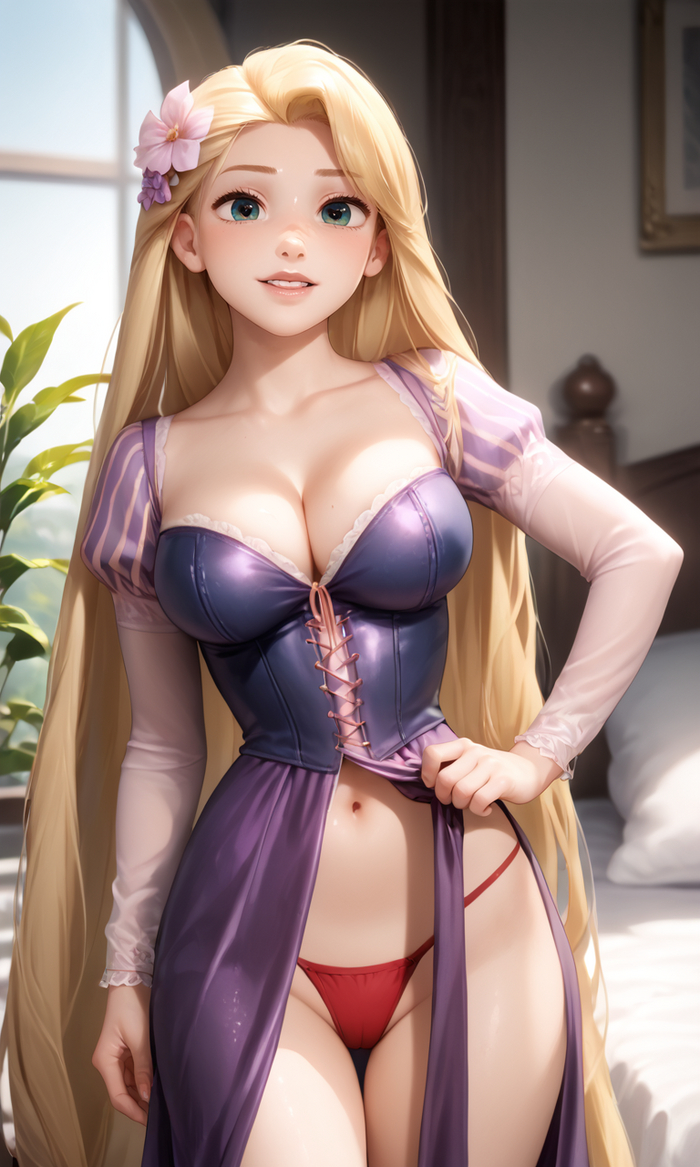 Rapunzel during the day VS Rapunzel at night - NSFW, My, Erotic, Boobs, Art, Neural network art, Stable diffusion, Cartoons, Hand-drawn erotica, Rapunzel, Rapunzel Tangled, Longpost