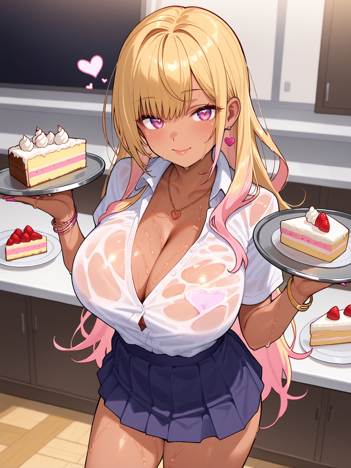 What kind of cake do you want? - NSFW, My, Anime art, Anime, Art, Girls, Neural network art, Gyaru, Blonde, Colorful hair, Original character, Boobs, Hand-drawn erotica, Erotic, Pink hair, Jeans, Sweat, Smile, Cake, Cafe, Big size, Tan