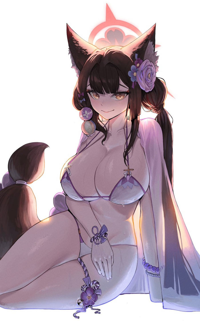 I have a weakness for girls with big ears - NSFW, Anime, Anime art, Blue archive, Kosaka Wakamo, Swimsuit, Animal ears