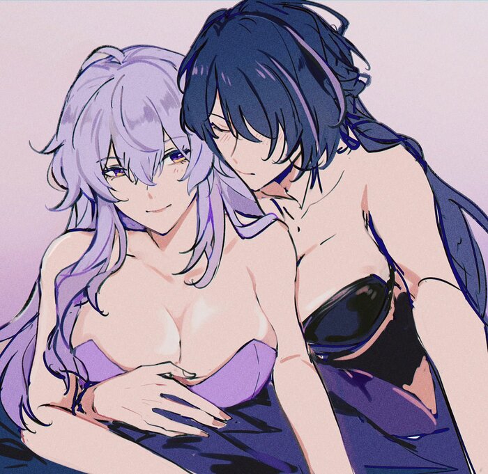 Black Swan & Acheron - NSFW, Anime Art, Аниме, Yuri, Подруга, Black Swan (Honkai: Star Rail), Acheron (Honkai: Star Rail), Обнимашки, Нижнее белье, Twitter (ссылка)