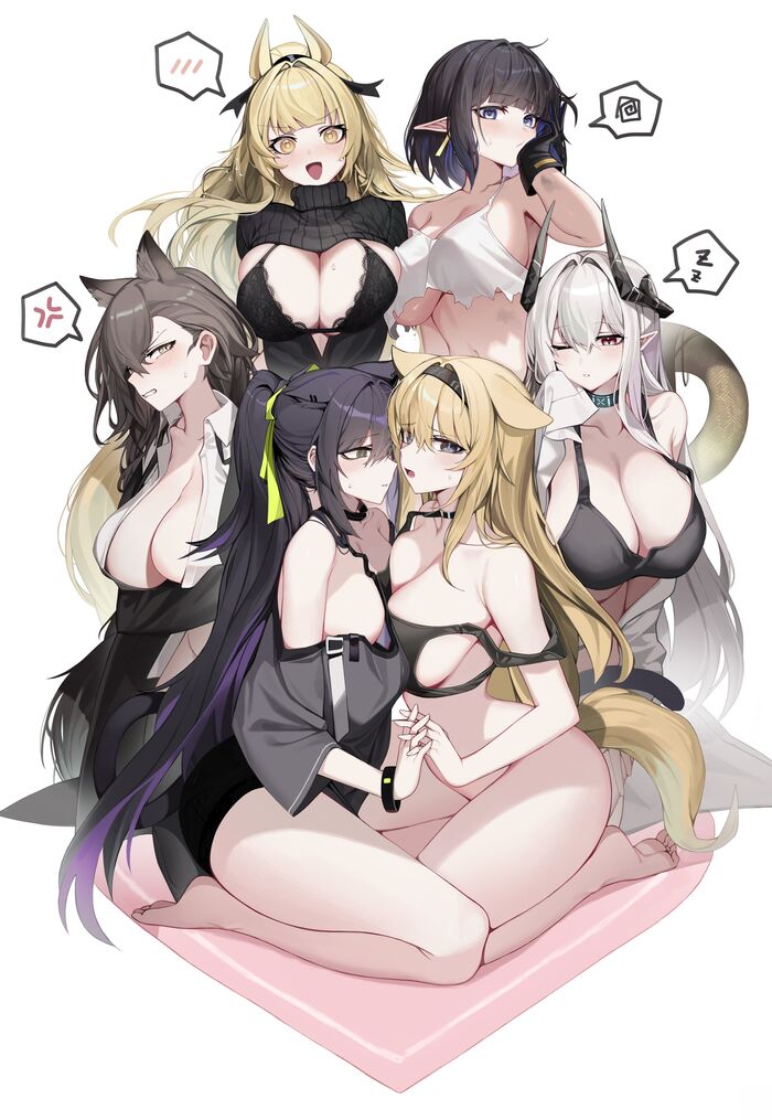 Oh... - NSFW, Anime art, Anime, Arknights, Penance, Mudrock, Jessica (Arknights), Horn (Arknights), Eunectes, Blemishine, Animal ears, Tail, Holding hands, Boobs, Twitter (link)