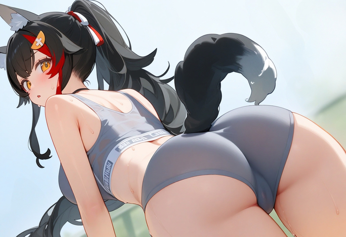Fluffy - NSFW, Ookami Mio, Hololive, Erotic, Neural network art, Booty, Tail, Anime, Anime art, Telegram (link)