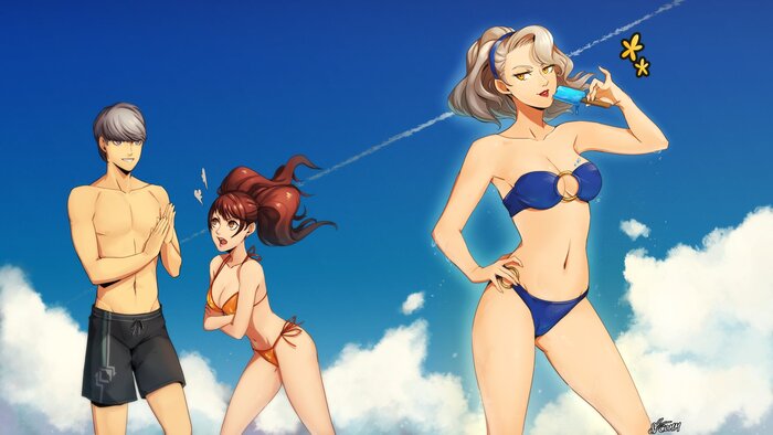 Where are you looking, senpai?! - NSFW, Eightyfourart, Art, Anime, Anime art, Hand-drawn erotica, Persona, Persona 4, Kujikawa Rise, Swimsuit