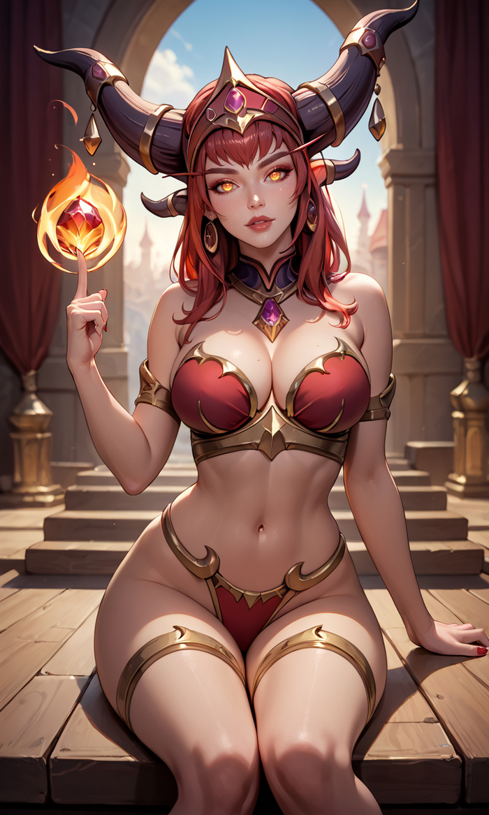 Alexstrasza - NSFW, My, Erotic, Boobs, Alexstrasza, Warcraft, World of warcraft, Art, Neural network art, Blizzard, Game art, Stable diffusion, Hand-drawn erotica, Colorful hair, Girl with Horns