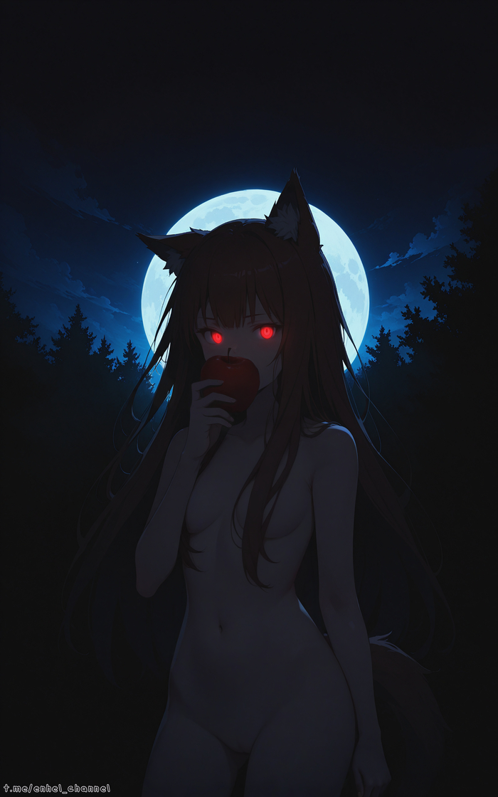 A she-wolf in the night - NSFW, My, Neural network art, Art, Anime art, Holo, Spice and wolf