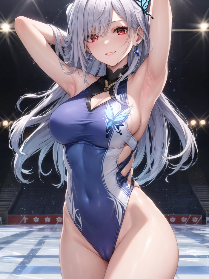 Skirk - NSFW, Pixiv, Anime art, Anime, Stomach, Boobs, Navel, Naked, Censorship, Red eyes, Art, Erotic, Neural network art, Genshin impact, Skirk (Genshin Impact), Longpost