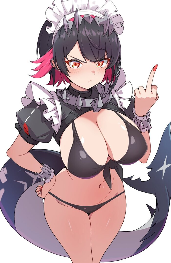 Don't anger Akulka - NSFW, Anime, Anime art, Zenless Zone Zero, Ellen Joe (zzz), Tail, Swimsuit, Boobs, Hand-drawn erotica, Middle finger, Hips, Longpost