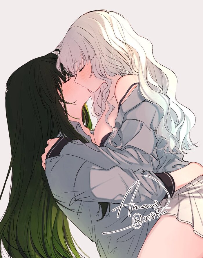 Original - NSFW, Anime art, Anime, Yuri, Friend, Original character, Hugs, Kiss, Underwear, Twitter (link)