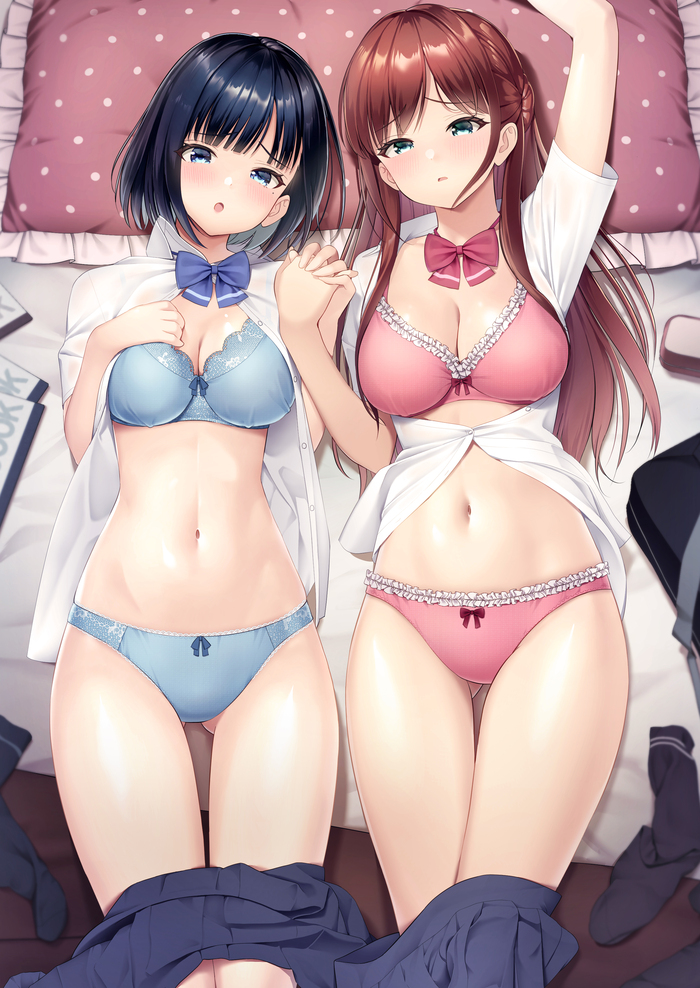 Original - NSFW, Anime Art, Аниме, Yuri, Подруга, Original Character, Нижнее белье, Держание за руки