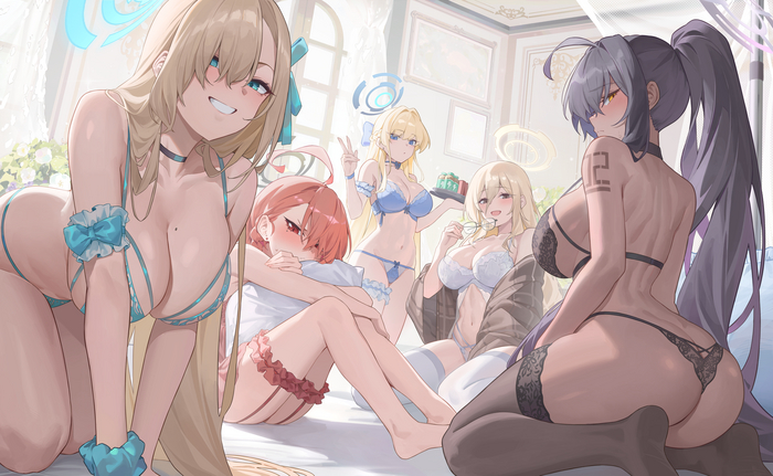 Чем займёмся? Кинчик посмотрим? - NSFW, Аниме, Anime Art, Blue archive, Ichinose Asuna, Mikamo Neru, Asuma Toki, Murokasa Akane, Kakudate Karin, Нижнее белье, Рисованная эротика, Попа, Сиськи