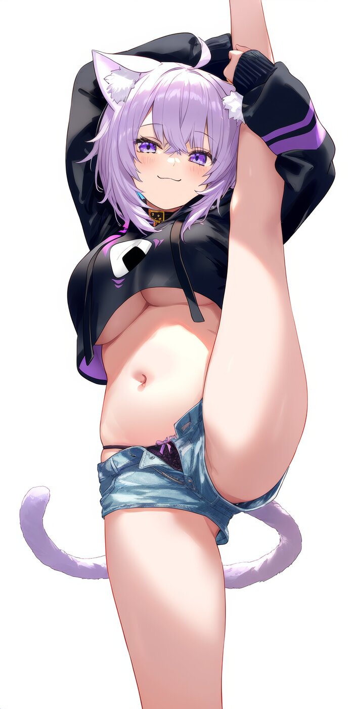 Nekomata Okayu - NSFW, Anime art, Anime, Girls, Games, Nekomata Okayu, Virtual youtuber, Hololive, Animal ears, Tail, Shorts, Neural network art, Pantsu, Underpants