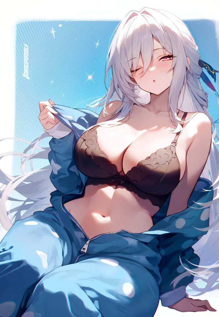 В пижаме - NSFW, Аниме, Anime Art, Jingliu (Honkai: Star Rail), Honkai: Star Rail, Бюстгальтер, Сиськи, Пижама, Арты нейросетей, Dirresponsibly