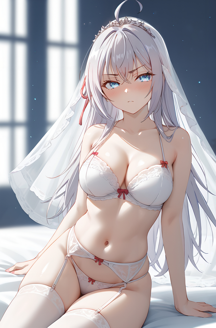 Alice or Yuki? - NSFW, Anime, Anime art, Alisa Mikhailovna Kujou, Tokidoki Bosotto Russia-go de Dereru Tonari no Aly, Roshidere, Underwear, Stockings, Veil, Bride, Neural network art, Pixiv, Longpost