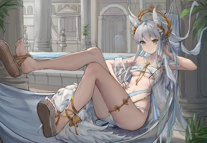 Platinum - NSFW, Art, Anime art, Anime, Arknights, Animal ears, Swimsuit, Feet, Foot fetish