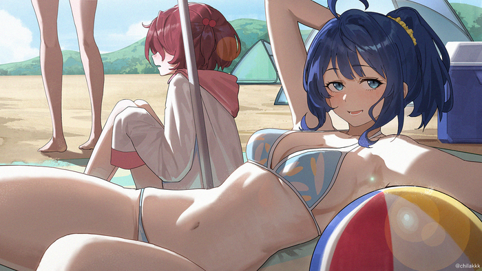 Mandatory beach episode - NSFW, Anime, Anime art, Yanami Anna, Yakishio Lemon, Komari Chika, Make Heroine ga Oosugiru!, Swimsuit, Mat, Longpost