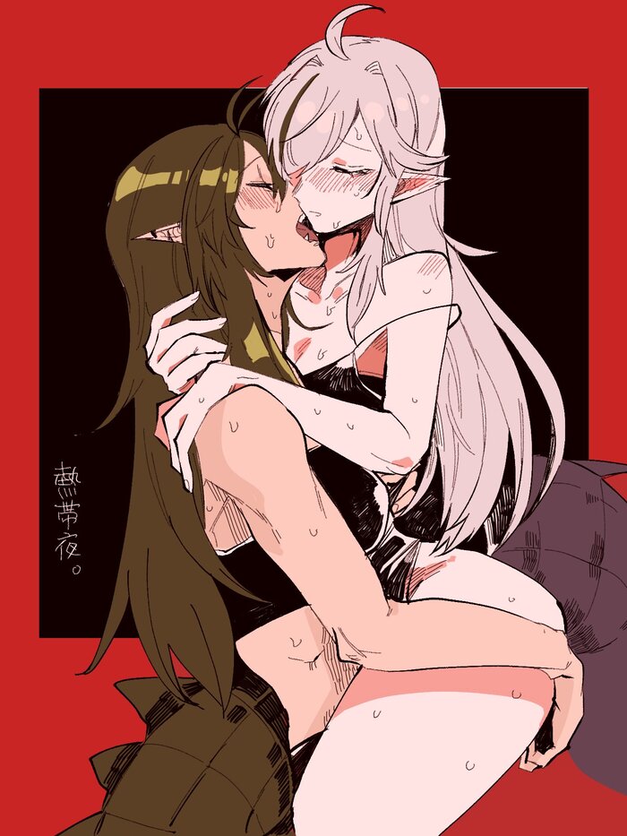 Gavial & Tomimi - NSFW, Anime Art, Аниме, Arknights, Gavial, Tomimi, Обнимашки, Хвост, Клыки, Twitter (ссылка)