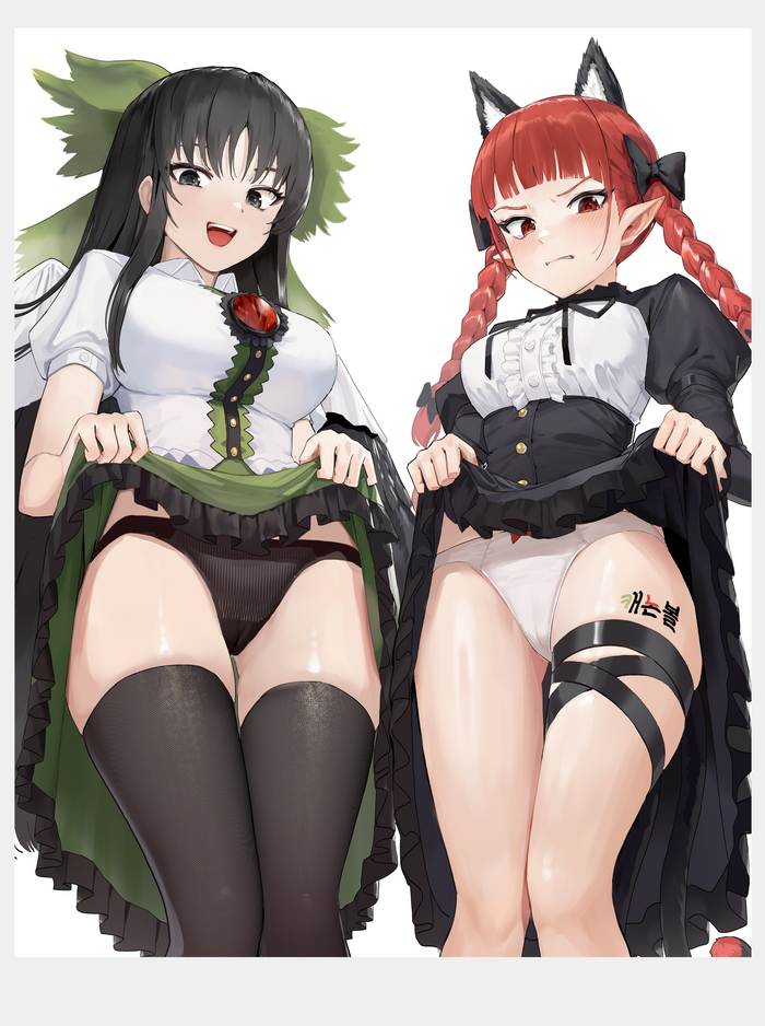 Beautiful, just showing it? - NSFW, Touhou, Kaenbyou rin, Reiuji Utsuho, Art, Anime art, Anime, Goback, Pantsu, Stockings, Animal ears, Erotic, Hand-drawn erotica