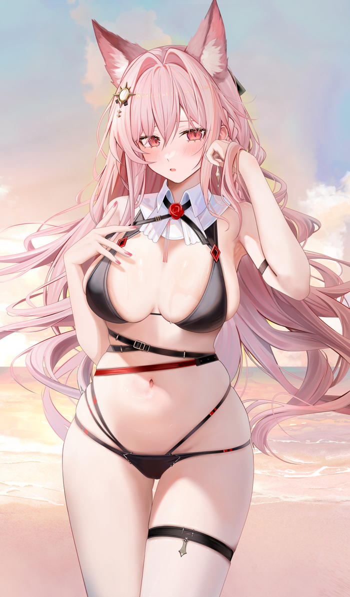 Drifting snow - NSFW, Anime art, Anime, Pozёmka, Arknights, Ru zhai, Animal ears, Swimsuit