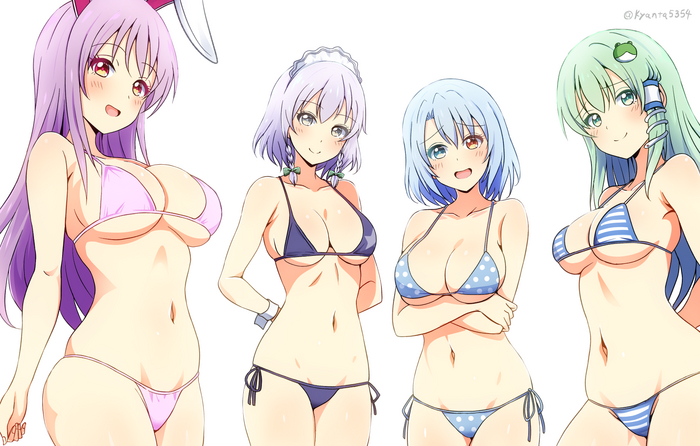 Everything as per choice - NSFW, Touhou, Izayoi Sakuya, Kochiya Sanae, Tatara Kogasa, Reisen udongein inaba, Swimsuit, Boobs, Art, Anime, Anime art, Erotic, Hand-drawn erotica, Kyanta5354