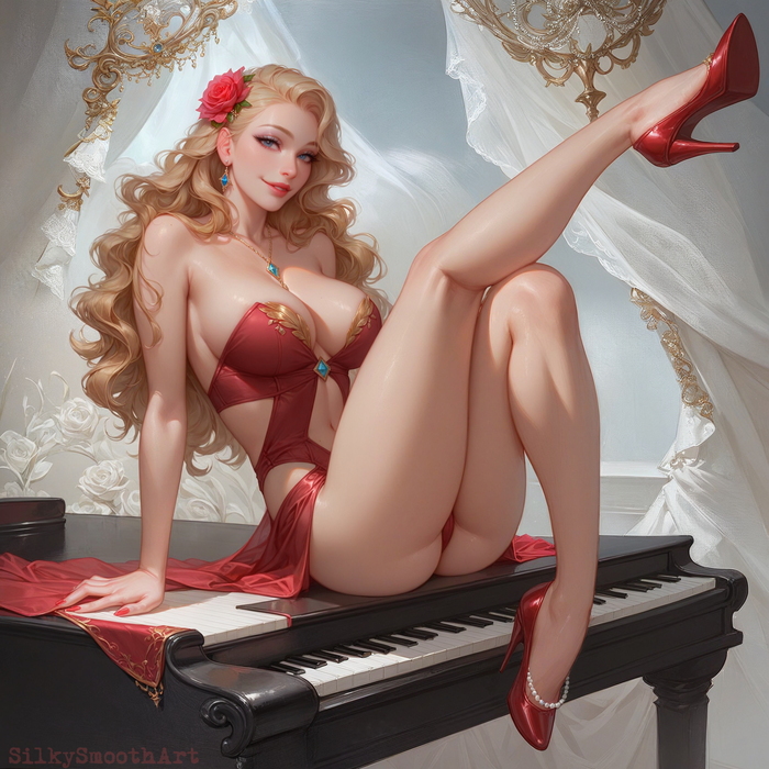 Piano - NSFW, My, Erotic, Boobs, Booty, Hips, High heels, Neural network art, Нейронные сети, Stable diffusion, Art