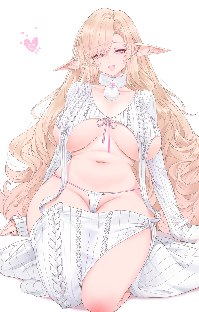 Elf mom - NSFW, Art, Anime art, Anime, Dishwasher1910, Original character, Elves, Boobs, Pantsu, Virgin killer sweater, MILF, Hand-drawn erotica, Erotic