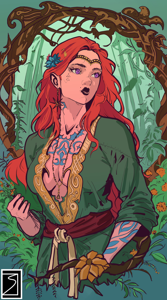 Druid - NSFW, My, Art, Erotic, Digital drawing, Girls, Girl with tattoo, Redheads, Forest