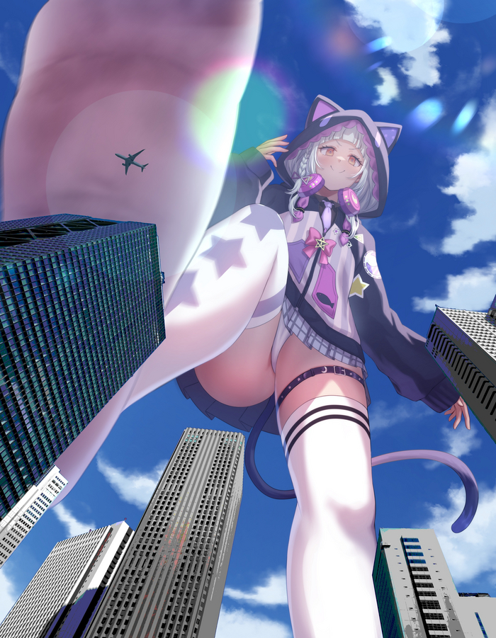 Evil smile - NSFW, Hololive, Anime art, Pantsu, Stockings, Town, Giantess, Murasaki shion