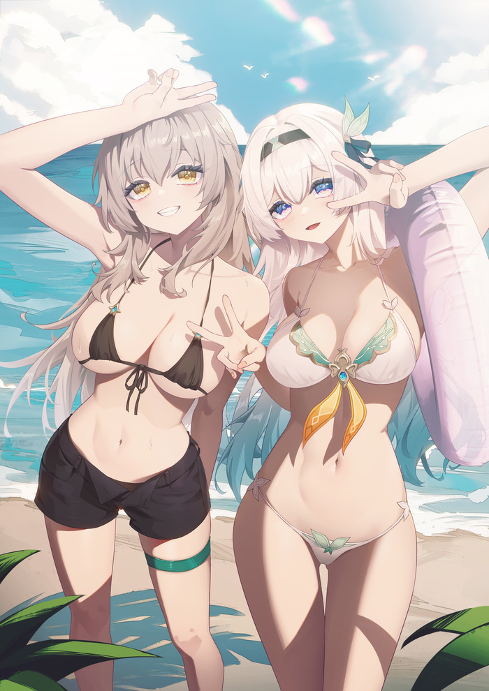 Stelle & Firefly - NSFW, Art, Anime art, Anime, Games, Honkai: Star Rail, Stelle (Honkai: Star Rail), Firefly (Honkai: Star Rail), Swimsuit, Boobs, Beach, Sea, Erotic, Hand-drawn erotica