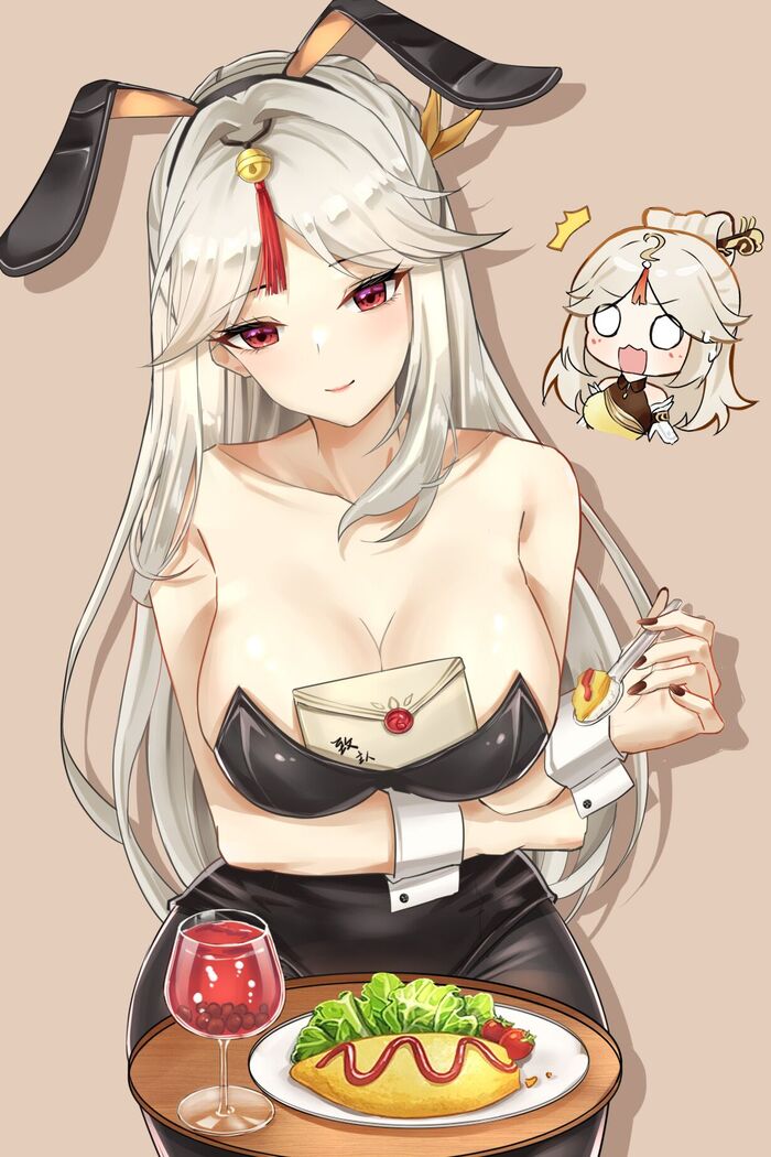 Geo Wife - NSFW, Boobs, Ningguang, Genshin impact, Red eyes, Anime, Pixiv, Anime art, Bunnysuit