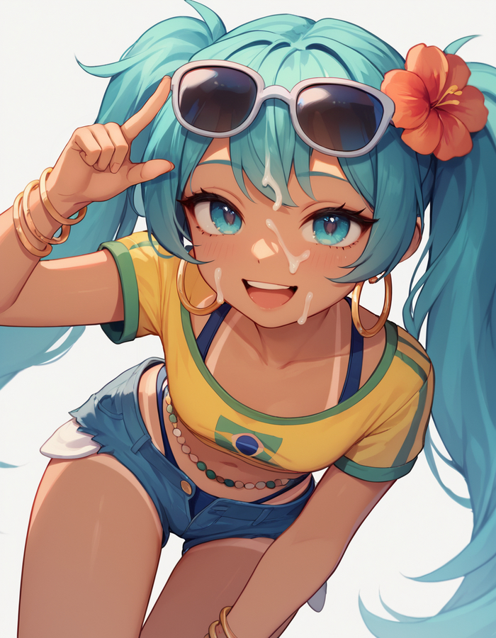 Natural sunscreen ~ - NSFW, My, Erotic, Hatsune Miku, Anime art, Neural network art, Colorful hair, Blue hair, Anime, Blue Eyes, Girls, Hand-drawn erotica, No panties, Art, Brazilian Miku, Brazil, Vocaloid Art, Sunglasses, Tan, Tan line, Sperm, On the face