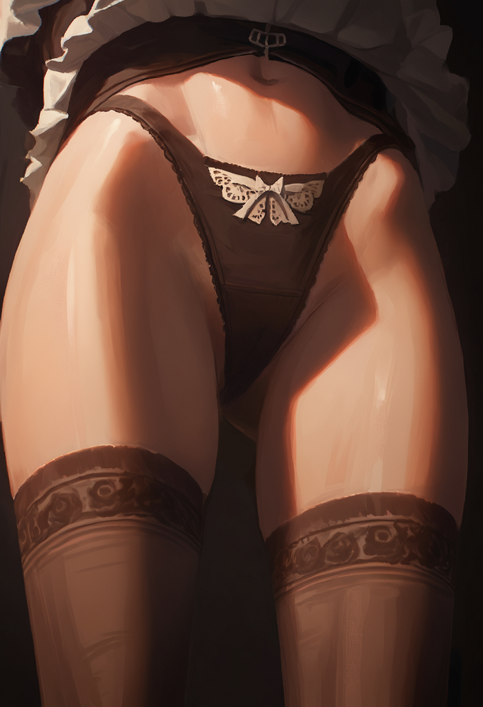 New maid post - NSFW, My, Neural network art, Erotic, Hand-drawn erotica, Art, Anime, Anime art, Original character, Stockings, Hips, Navel, Underpants, A uniform, Housemaid, Lace