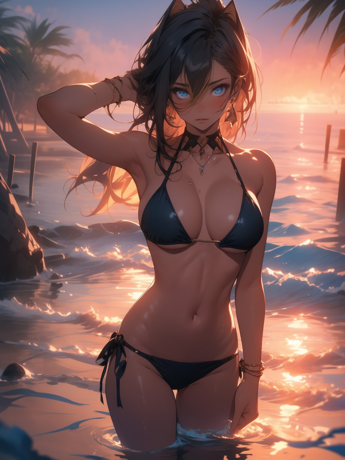 Dehya - NSFW, Anime art, Anime, Dehya (Genshin Impact), Genshin impact, Bikini, Sea, Neural network art