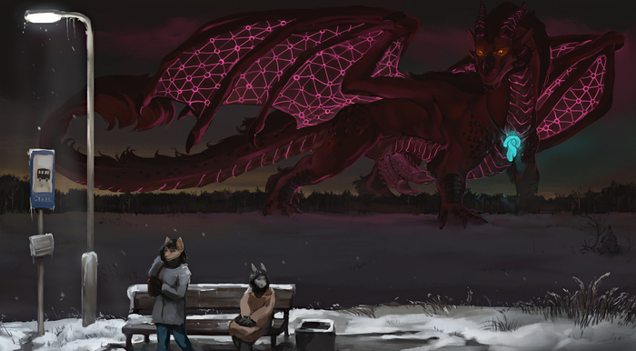 Ending station - NSFW, Art, The Dragon, Furry dragon, Furry feline, Furotica, Furotica male, Penis, Digital drawing, Night, Winter, dust, Stop, Bus stop