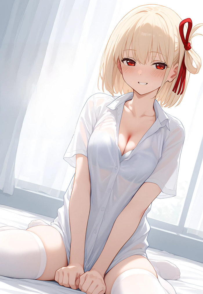 Chisato - NSFW, Аниме, Anime Art, Nishikigi Chisato, Lycoris Recoil, Чулки, Рубашка, Арты нейросетей