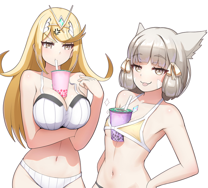 Nya can do it! - NSFW, Anime art, Anime, Xenoblade, Nintendo switch, Mythra, Nia, Zambonito, Swimsuit, Animal ears