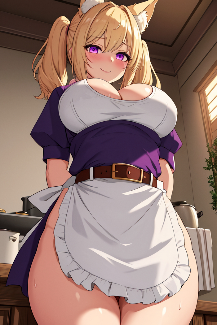 Anime Art - NSFW, My, Anime, Anime art, Neural network art, Stable diffusion, Original character, Apron, Animal ears, Longpost