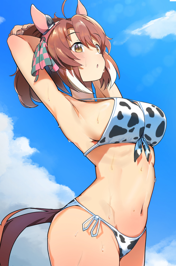 Dantsu Flame - NSFW, Anime art, Anime, Girls, Games, Uma musume pretty derby, Animal ears, Swimsuit, Bikini, Tail