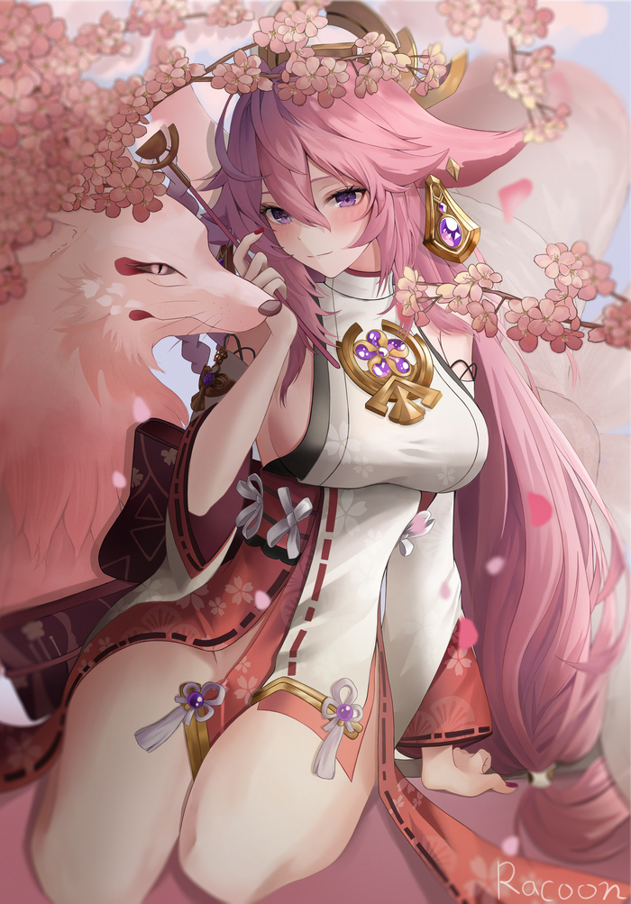 Мико - NSFW, Anime Art, Аниме, Девушки, Игры, Genshin Impact, Yae Miko (Genshin Impact), Animal Ears