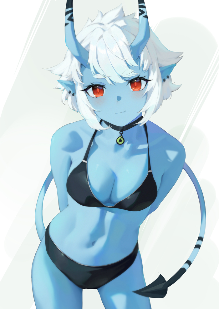 He looks at the yummy - NSFW, Art, Anime, Zenless Zone Zero, Anime art, Soukaku (zzz), Bikini, Red eyes, Girl with Horns, Swimsuit