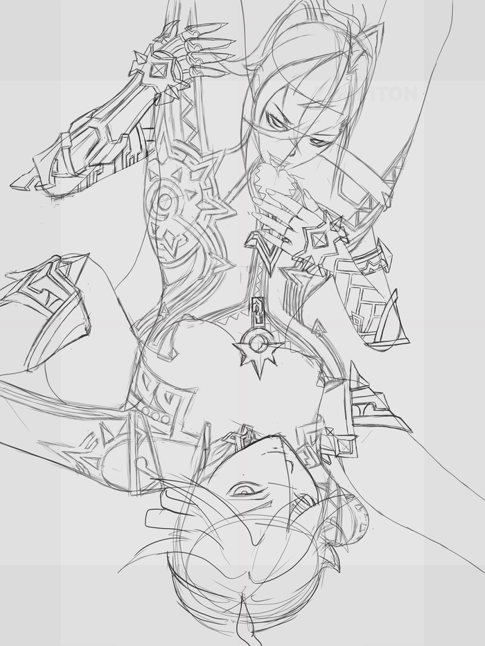 Primal Flame (WIP) - NSFW, Моё, Аниме, Anime Art, Genshin Impact, Dehya (Genshin Impact), Mavuika (Genshin Impact), Work in progress, Длиннопост