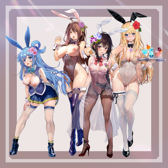 Зайки - NSFW, Anime Art, Аниме, Konosuba, Aqua, Wiz, Megumin, Darkness, Рисованная эротика, Bunnysuit