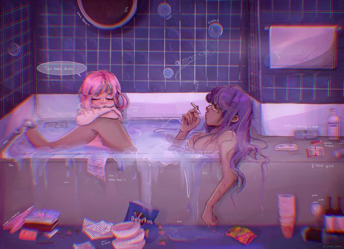 In the bath - NSFW, Anime art, Anime, Doki Doki Literature Club, Natsuki, Yuri DDLC, Visual novel, Yuri