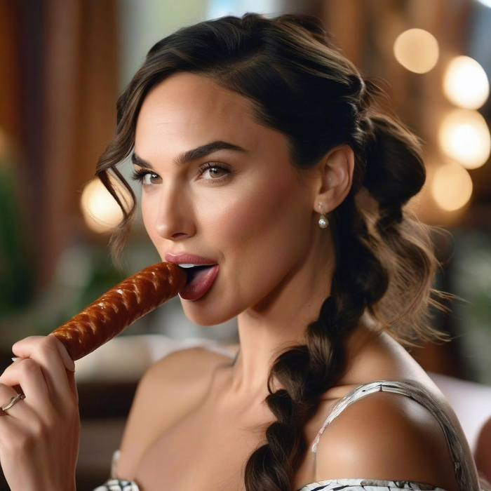 Gal Gadot takes it in his mouth........ Sausage - NSFW, My, Art, Neural network art, 3D, Artificial Intelligence, Women, Girls, Gal Gadot, Brunette, Brown-haired woman, Нейронные сети, Portrait, Face, Close-up, Sausages, Pigtails, Food, Pleasure, Erotic, Hint