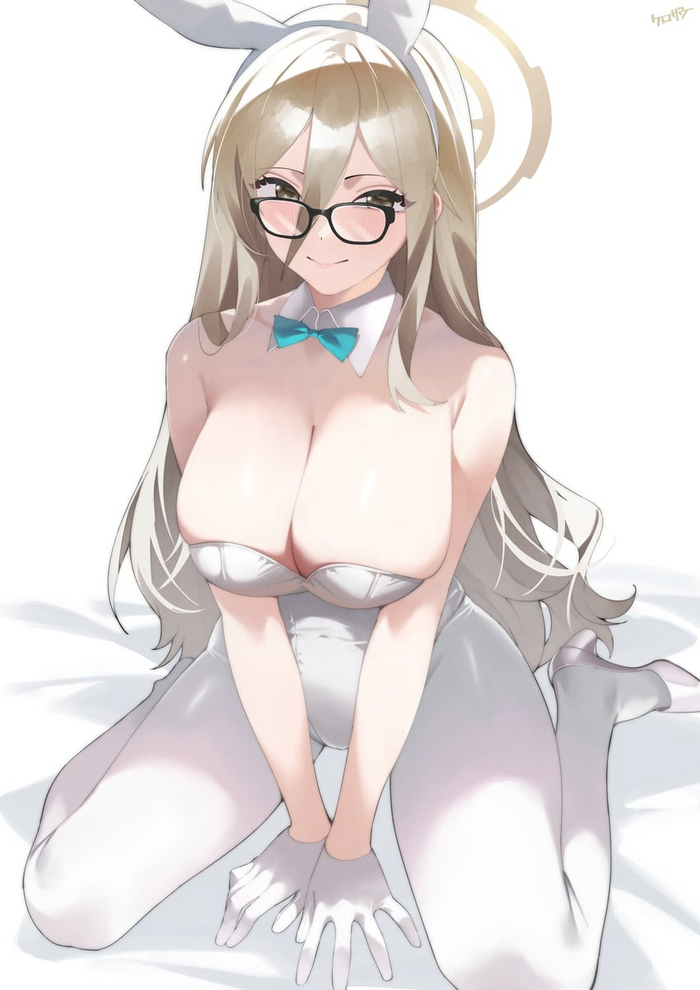 Bunny Akane - NSFW, Anime, Anime art, Blue archive, Murokasa Akane, Bunnysuit, Bunny ears, Tights, Girl in glasses