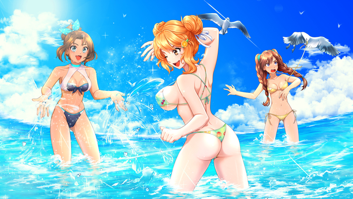 Beach episode - NSFW, My, Anime art, Orikanekoi, Visual novel, Little green girl, Swimsuit